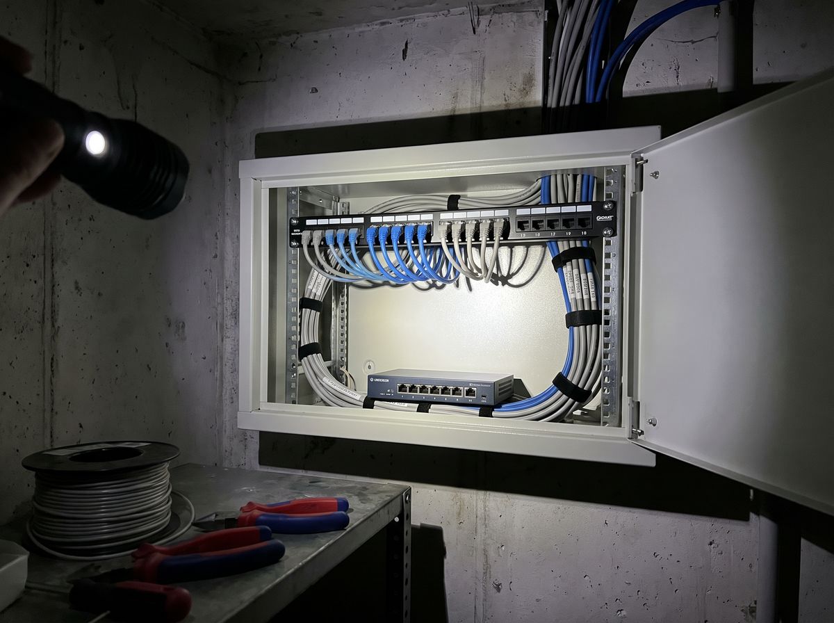 Wandpatchkast met patchpaneel in technische ruimte — JVDH Installatie